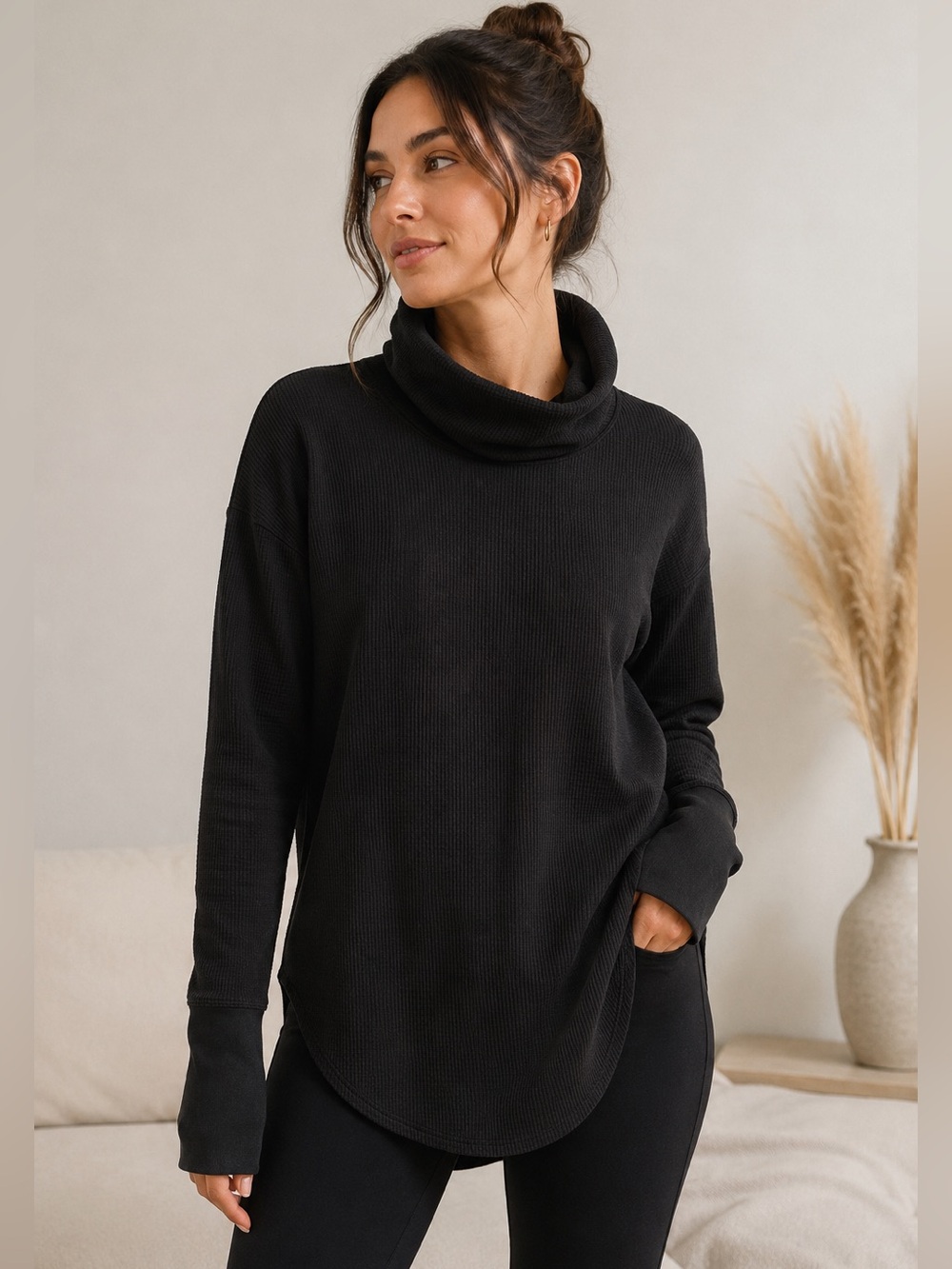 Babaton Black Waffle Knit Turtleneck Pullover Top Size Small